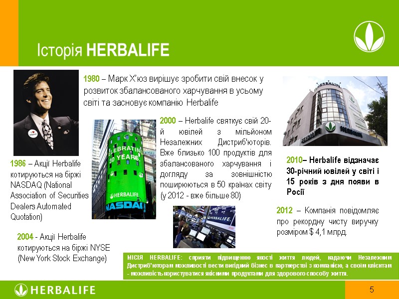 Історія HERBALIFE МІСІЯ HERBALIFE: сприяти підвищенню якості життя людей, надаючи Незалежним Дистриб'юторам можливості вести